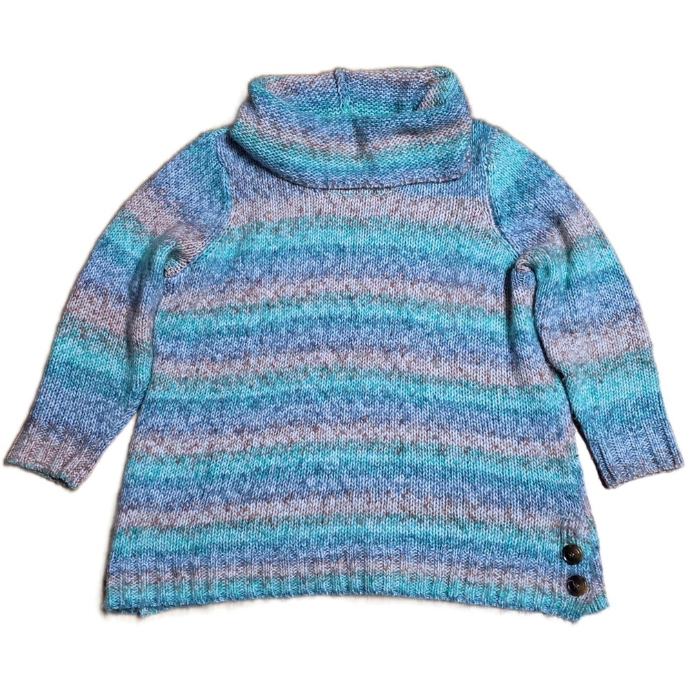 CJ Banks Striped Cowl Neck Sweater Women's Size 1X Blue Green Pink Button Detail